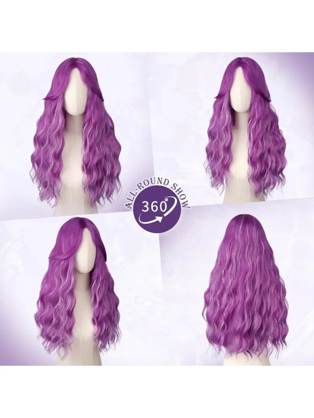 Women's Mixed Purple 26 Inch Heat Resistant Curtain Bangs Long Wavy Wigs